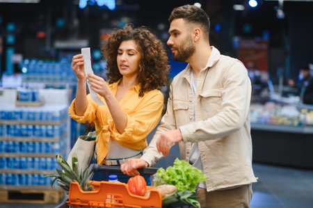 Young couple comparing items on a shopping list and receipt, managing their budget for weekly groceries in a storeの写真素材