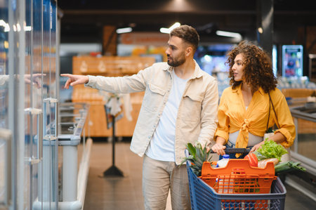 Young couple shopping together in a modern supermarket, selecting fresh food items from a refrigerated display cabinetの写真素材