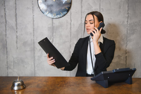 Professional woman working as a hotel or office receptionist, holding a clipboard and talking on a landline phoneの写真素材