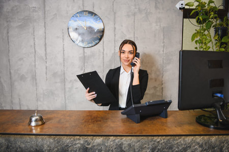 Young woman working as a hotel or office receptionist, holding a clipboard and talking on a landline phone, smiling at the cameraの写真素材
