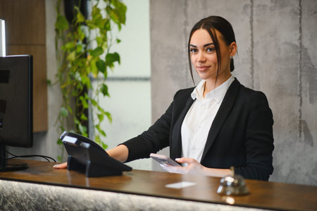 Friendly hotel receptionist at front desk holding smartphone, smiling and ready to assist guests with check in and reservationsの写真素材
