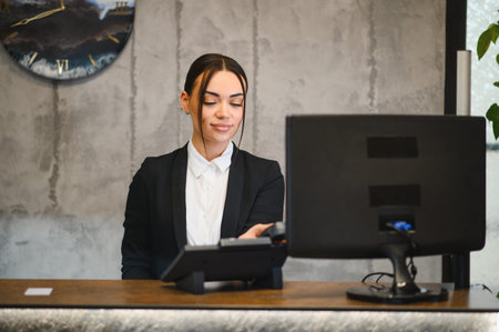 Professional woman concentrating while working at a modern reception desk, providing efficient service in a contemporary office environmentの写真素材