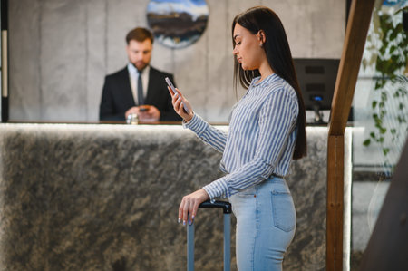 Woman standing in hotel lobby with suitcase, checking smartphone while receptionist prepares at the front deskの写真素材
