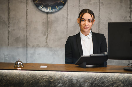 Friendly woman working at reception desk, providing professional customer service in contemporary hotel lobbyの写真素材