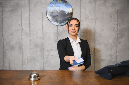 Friendly hotel receptionist standing at reception desk, giving keycard to customer for check in processの写真素材