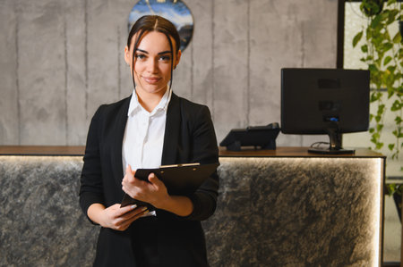Young woman smiling, standing behind a modern reception desk, holding a clipboard and providing professional serviceの写真素材