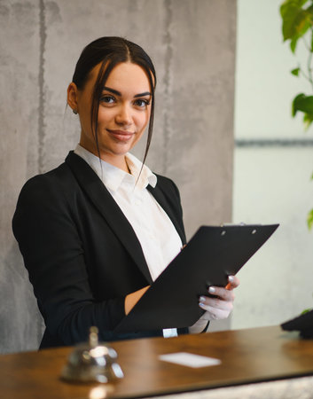 Professional young woman standing at the reception desk, smiling and holding a clipboard, ready to assist guestsの写真素材