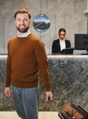 Man smiling at camera while pulling luggage, a receptionist in the background ready to assist customersの写真素材