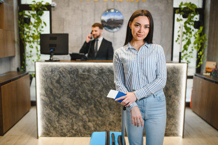 Woman standing with luggage and travel documents, ready for hotel check in while a receptionist works in the backgroundの写真素材
