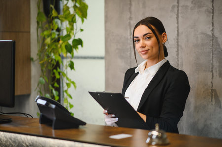 Female hotel receptionist standing at the front desk, holding a clipboard and looking at the camera with a friendly expressionの写真素材