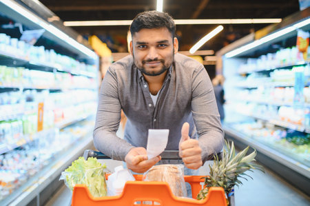 Smiling man pushing a shopping cart filled with fresh food items, checking a receipt after...