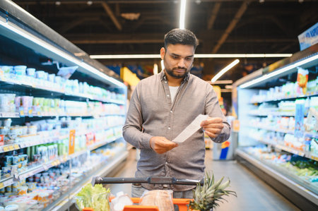 Indian man in supermarket aisle checking receipt against prices while holding shopping cart,...