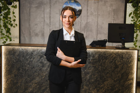 Confident young woman working as a hotel or office receptionist, holding a clipboard and looking at the cameraの写真素材