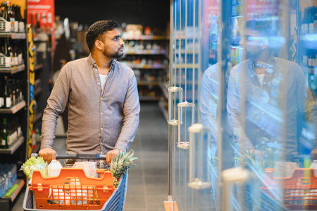 Man pushing a shopping cart filled with groceries, looking for products in a supermarket aisle....