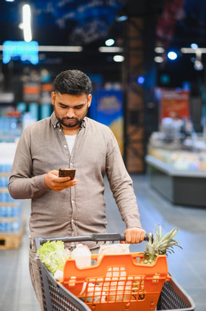 Young man pushing a shopping cart filled with groceries, comparing products and prices on a...