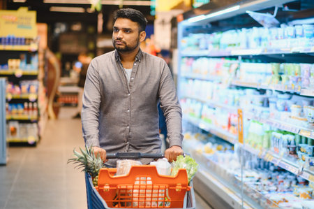 Young man pushing a shopping cart filled with groceries along an aisle in a modern supermarket,...