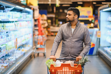Man pushing shopping cart down supermarket aisle selecting fresh produce for a healthy everyday...