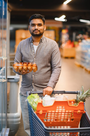 Young man shopping in supermarket aisle, pushing cart and holding a carton of eggs while checking his purchase and looking at cameraの写真素材