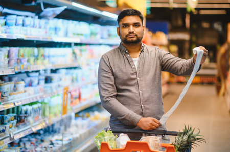 Young man standing in a supermarket aisle holding an extended paper receipt, checking grocery...
