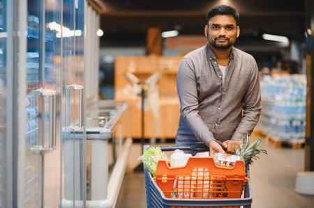 Man pushing a shopping cart filled with fresh produce and packaged goods through a supermarket...
