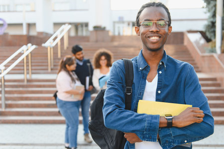 African american student carrying backpack and book, smiling at camera with diverse student group on college campus stairsの写真素材