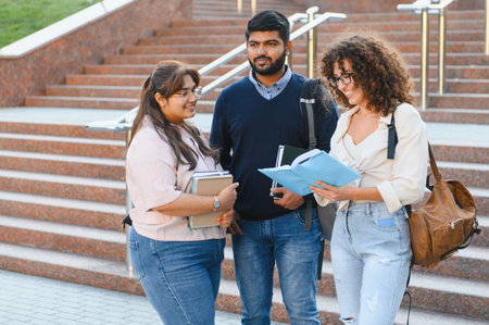 Diverse group of college students on campus holding books, smiling and discussing studies outdoors collaborative, multicultural learning sceneの写真素材