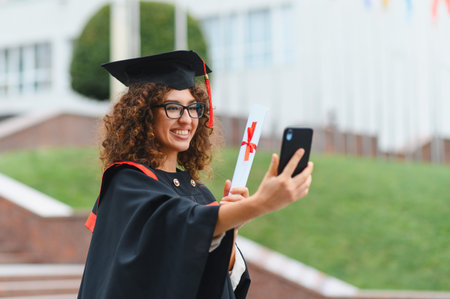 Young girl graduate in cap and gown holding diploma and making video call or taking selfie on university campusの写真素材