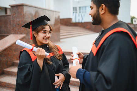 Happy indian university students wearing graduation attire, holding diplomas, and smiling after completing their educationの写真素材