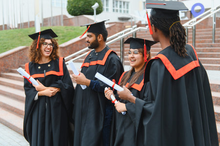 Students from various backgrounds standing together, happily socializing after their commencement ceremony, holding university qualificationsの写真素材