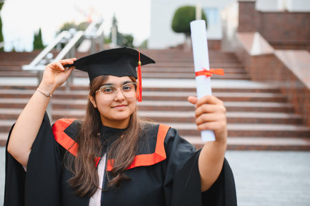 Indian woman student graduation wearing cap and gown, holding diploma degree scroll, celebrating educational successの写真素材