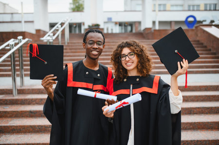 Young man and woman celebrating academic success, standing in front of university building, reaching educational achievementの写真素材