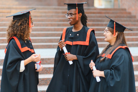 Diverse university graduates standing with diplomas, celebrating academic success and new beginnings on campus stepsの写真素材