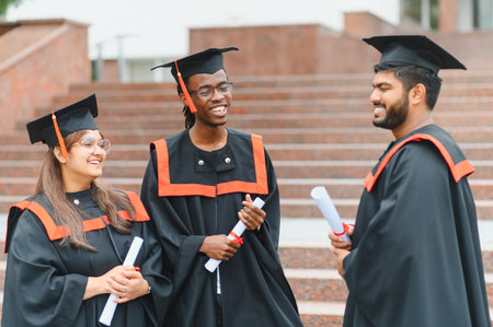 Diverse group of smiling graduates wearing cap and gown, holding diplomas, celebrating successfully completing universityの写真素材