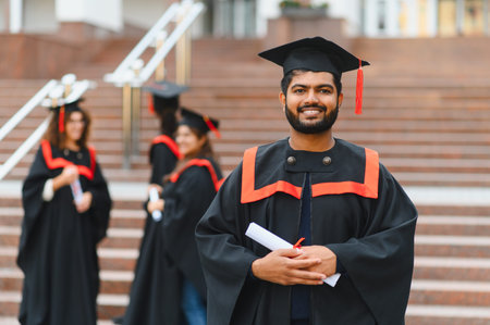 Indian male student, dressed in a graduation gown and cap, proudly holding a diploma, celebrating academic achievementの写真素材