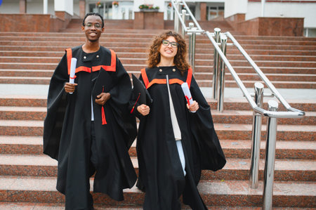 Diverse college graduates celebrating academic achievement, holding diplomas, and walking down university campus stairs, feeling success and futureの写真素材