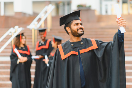 Young Indian man celebrating his graduation, proudly holding a diploma with fellow students in cap and gownの写真素材