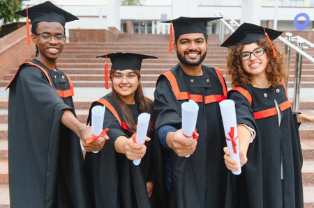 Diverse group of smiling students in graduation caps and gowns holding diplomas, celebrating their academic success at universityの写真素材