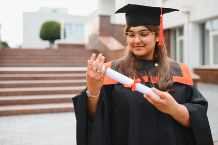 Indian woman in graduation cap and gown holding scroll outside university, celebrating academic successの写真素材
