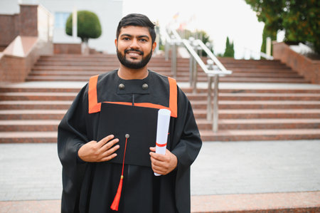 Smiling indian university graduate in cap and gown holding diploma on campus, proud young man celebrating academic achievementの写真素材