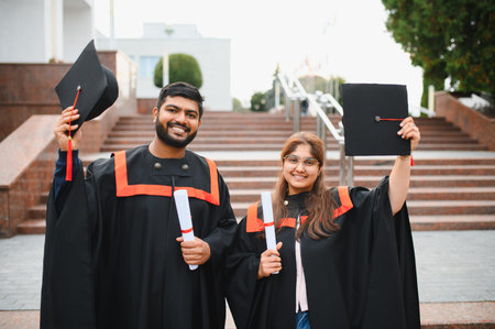 Happy indian university students celebrating graduation, holding diplomas and mortarboards, standing outside a campus buildingの写真素材