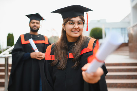 Indian university students in graduation caps and gowns celebrating educational achievement and future career successの写真素材