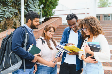 Group of diverse university students standing on campus stairs, holding books and backpacks, discussing coursework and learning togetherの写真素材
