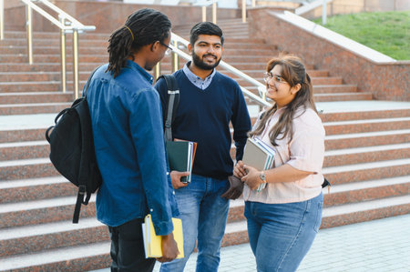 Three diverse students standing, smiling, and talking on a university campus, holding notebooks and backpacksの写真素材