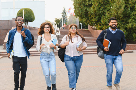 Diverse group of smiling university students walking on campus with books and backpacks, representing education and friendshipの写真素材