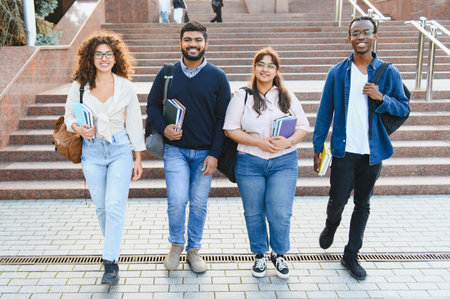 Diverse students holding books and backpacks, walking down university stairs, smiling and looking at viewerの写真素材