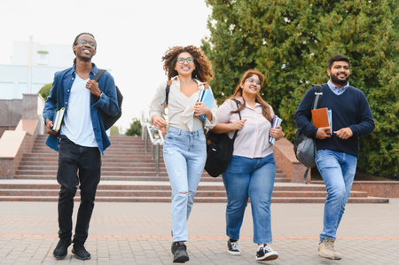 Group of happy young adult students carrying books and backpacks, walking down a path on a university campusの写真素材