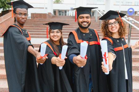 Diverse group of university graduates wearing academic caps and gowns, standing on stairs and proudly presenting their diplomasの写真素材