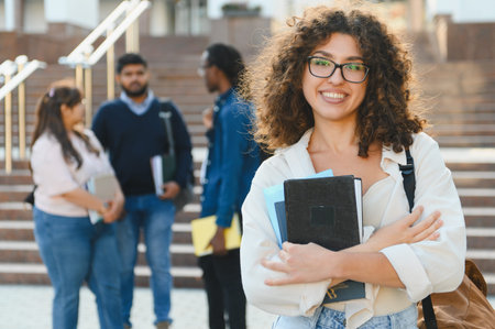 Happy young woman student with books smiling on university campus, diverse students standing in backgroundの写真素材