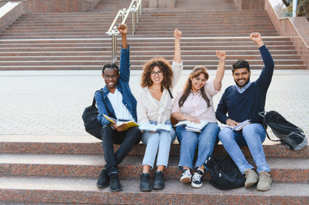 Diverse group of happy students raising fists, celebrating academic triumph and teamwork on university campus stairsの写真素材