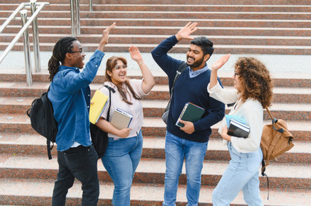 Happy young multi ethnic students celebrating teamwork with a high five on campus stairs, symbolizing academic camaraderie and achievementの写真素材